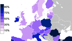 Die Karte zeigt den Anteil der Bevölkerung an, die an einen Gott glaubt - in der jetzigen EU, der Schweiz und der Türkei. Die Verteilung wurde 2004 auf Basis einer Umfrage erstellt, Quelle: Wikipedia