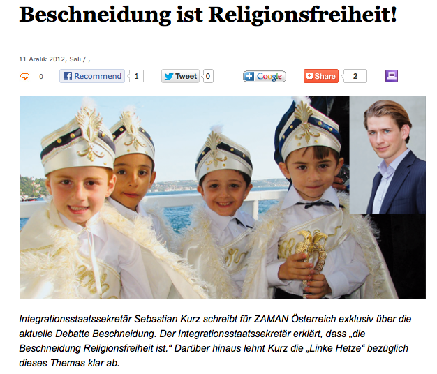 Integrationsstaatssekretär Sebastian Kurz (ÖVP) äußert sich abfälig gegen die beiden Anzeigenden, Foto: Screenshot "ZAMAN"